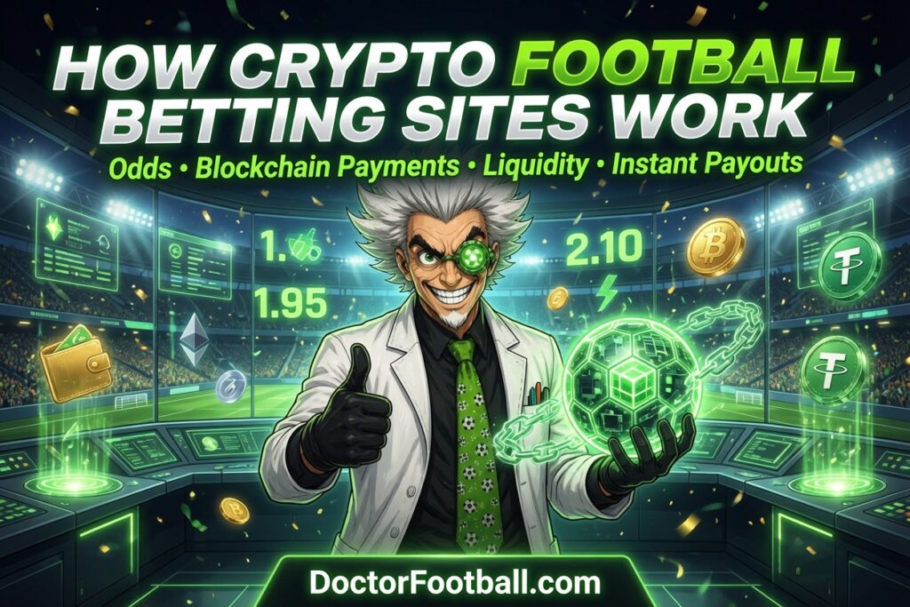 Doctor Football explaining how crypto football betting sites work with holographic displays showing odds, blockchain payments, USDT, BTC, liquidity and instant payouts in a futuristic stadium command center