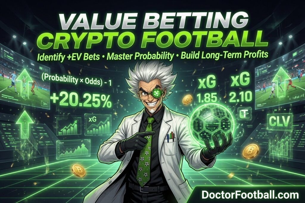 Doctor Football explaining value betting in crypto football with holographic displays showing expected value calculations, positive EV percentages, odds comparison, xG stats, and closing line value for long-term profitable betting