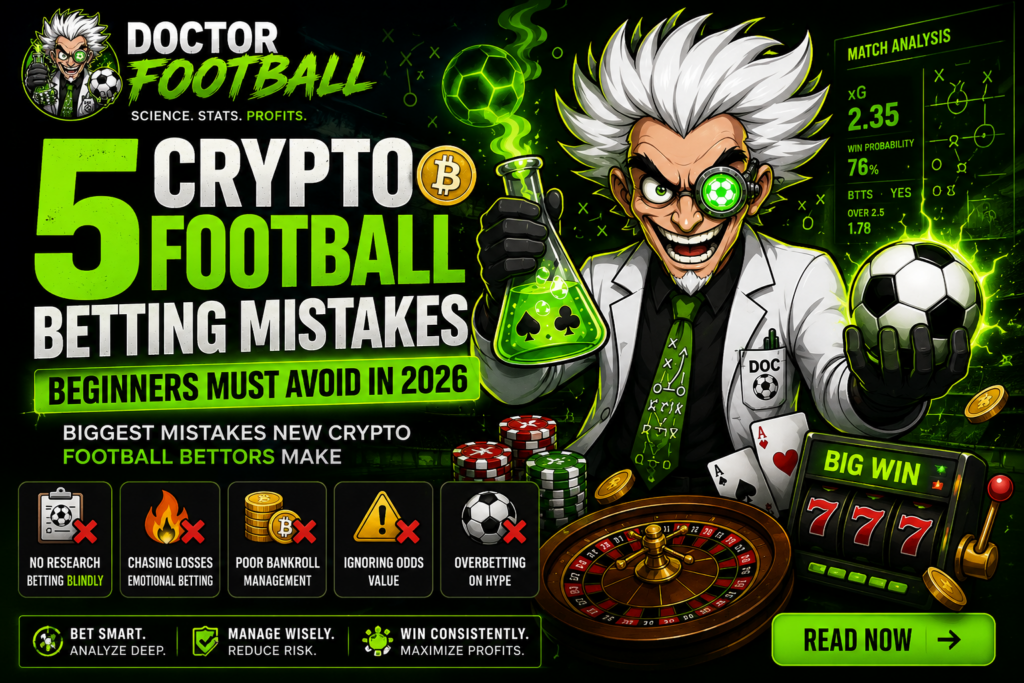 Doctor Football promotional banner showing the mad scientist mascot explaining the 5 biggest crypto football betting mistakes beginners must avoid in 2026, including bankroll management, betting without research, chasing losses, and ignoring betting value.