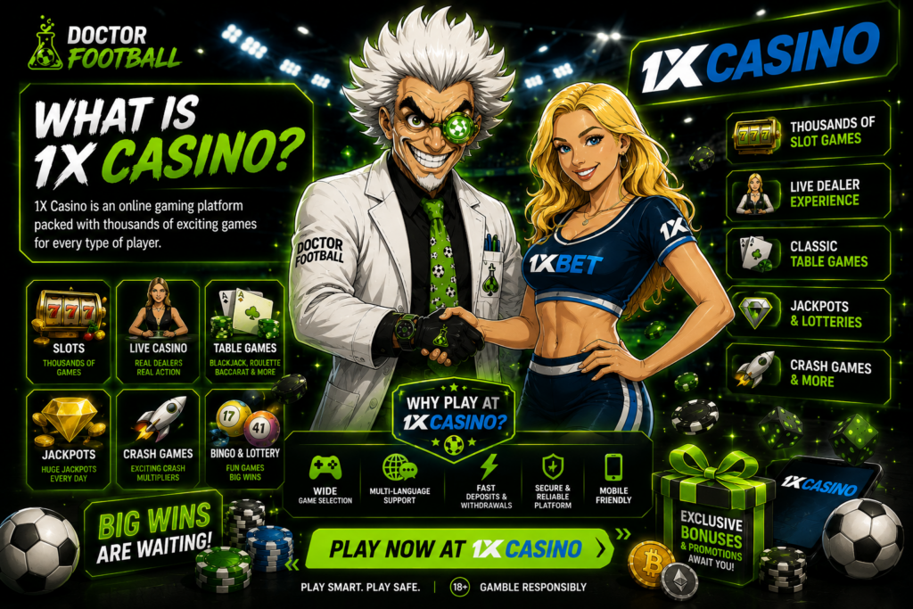 1x Casino review featuring Doctor Football shaking hands with a 1xBet brand ambassador while showcasing slots, live casino games, jackpots, crash games, and exclusive bonuses.